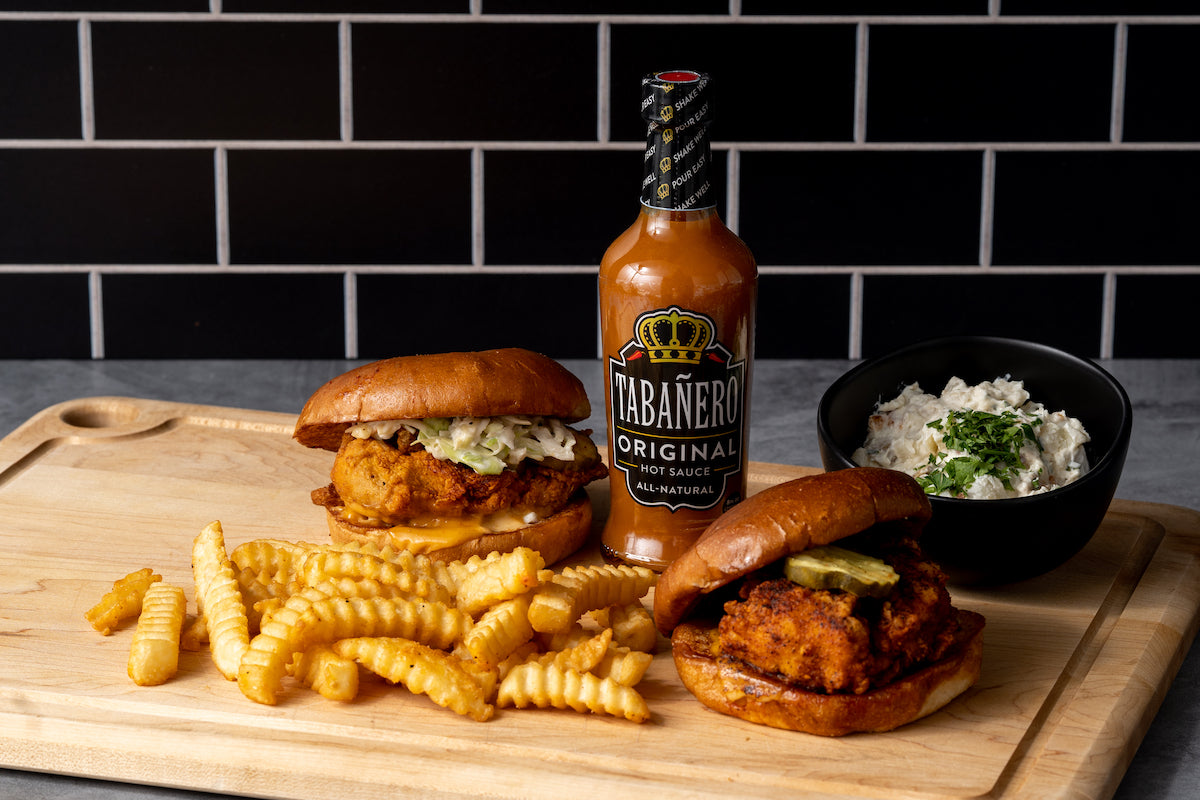 Fried chicken sandwich with Tabanero original Kosher Gluten-Free Vegan All-Natural Hot Sauce