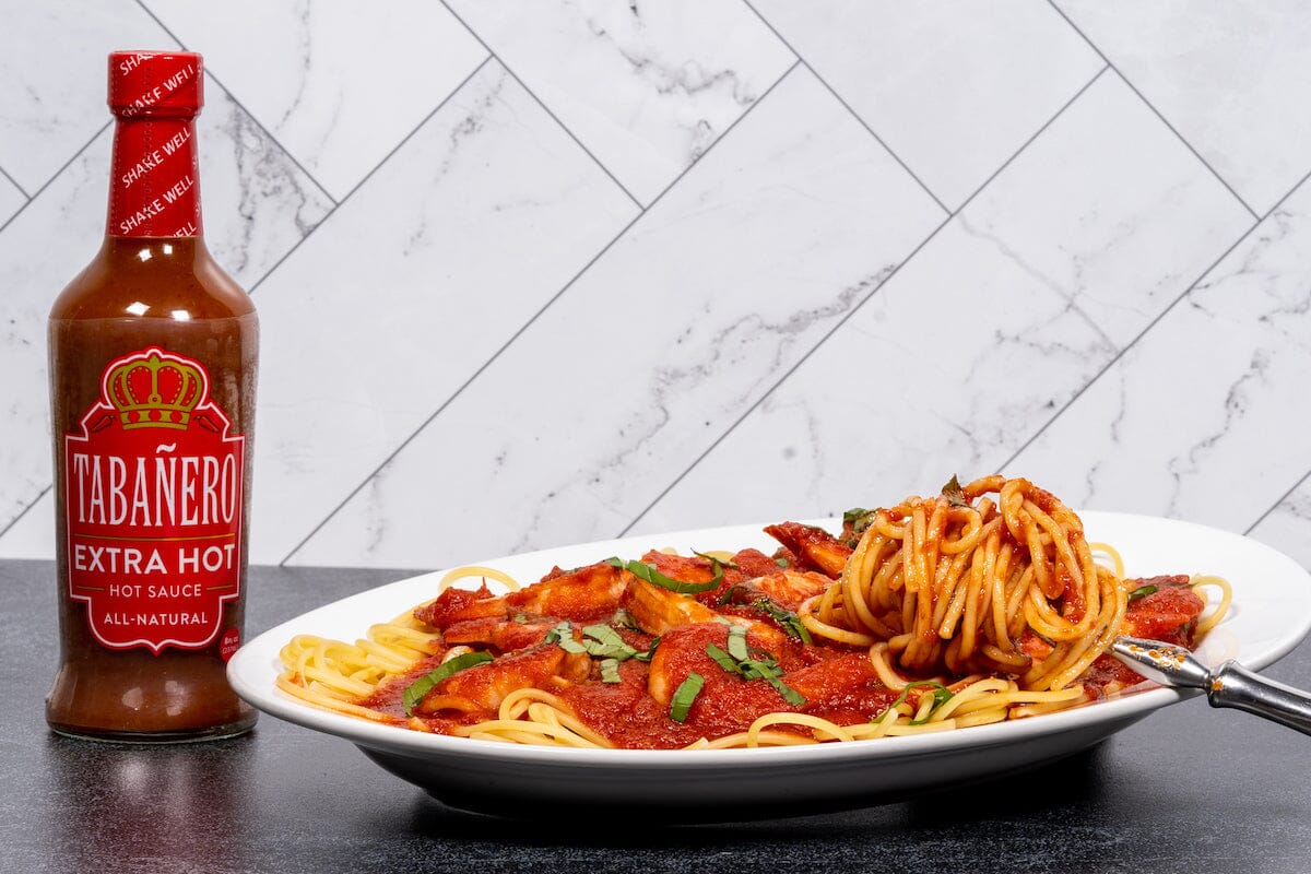 Spicy Shrimp Fra Diavolo with Tabanero extra hot Kosher Gluten-Free Vegan All-Natural Hot Sauce