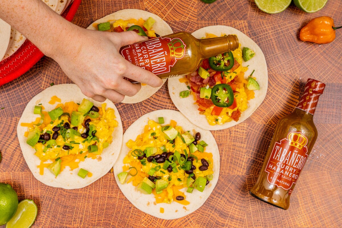 Breakfast Tacos with Tabanero curry habanero Kosher Gluten-Free Vegan All-Natural Hot Sauce