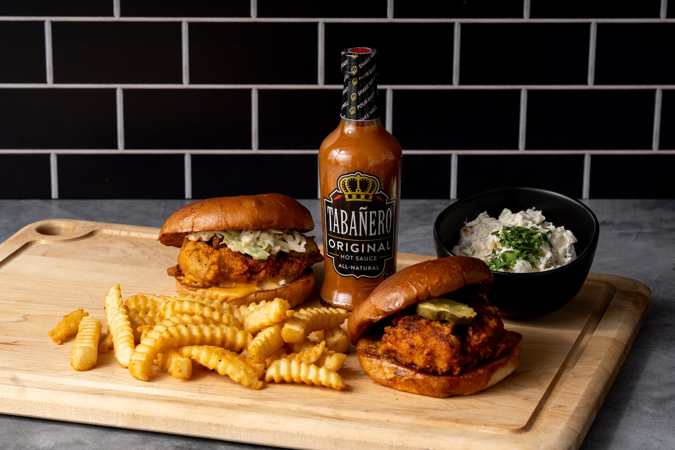 Fried chicken sandwich with Tabanero original Kosher Gluten-Free Vegan All-Natural Hot Sauce