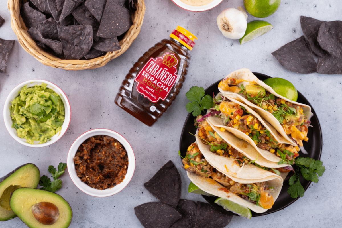 Shrimp Tacos with Tabañero Sriracha Honey Kosher Gluten-Free Vegan All-Natural Hot Sauce