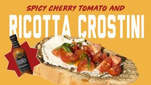 spicy cherry tomato and ricotta crostini with Tabañero original kosher gluten-free vegan all-natural hot sauce