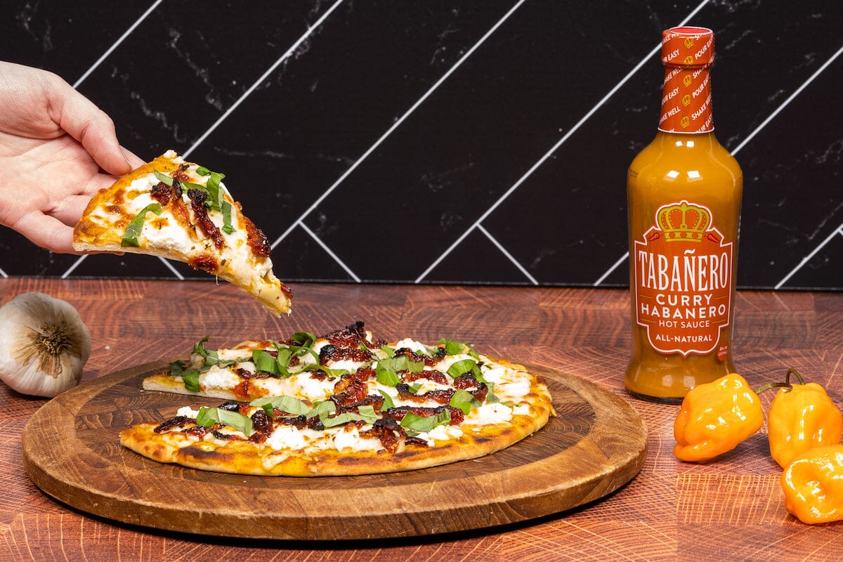 Three Cheese Curry Flatbread with Tabañero curry habanero Kosher Gluten-Free Vegan All-Natural Hot Sauce